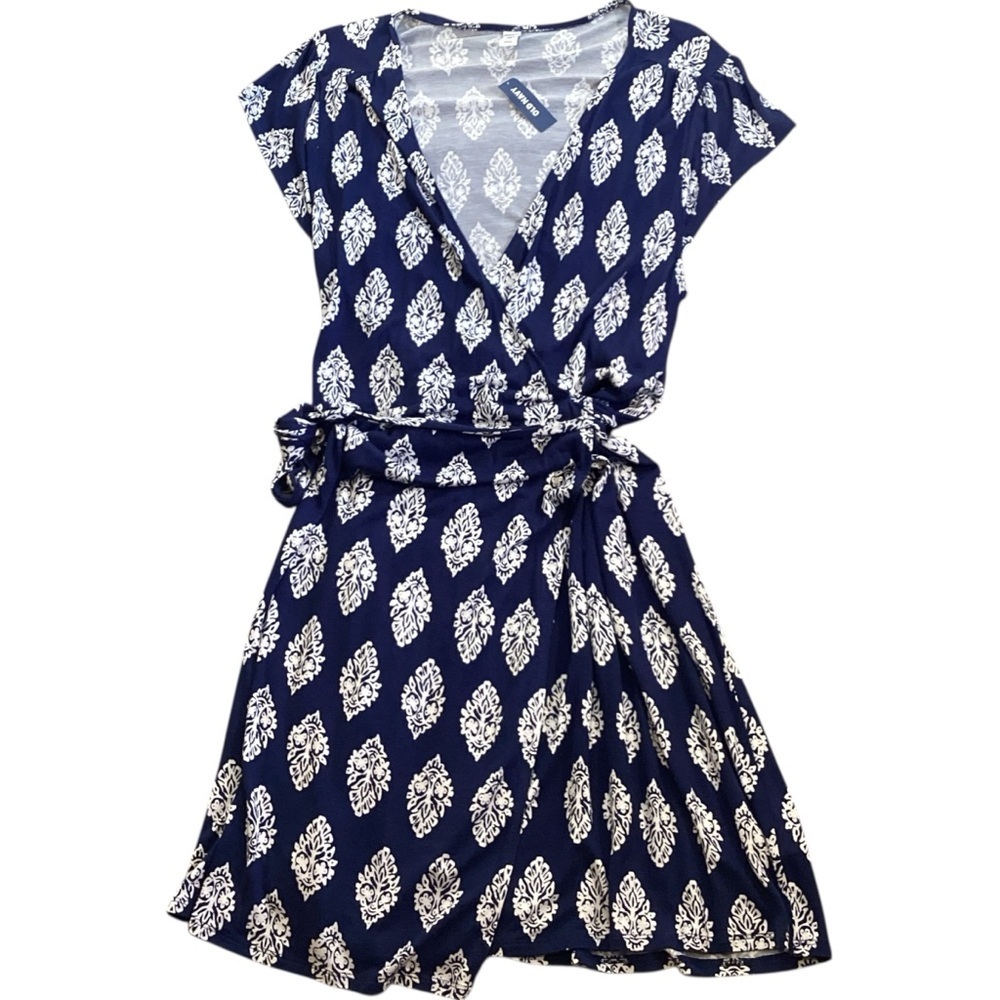 Old Navy Navy Blue & White Printed Wrap Midi Dress